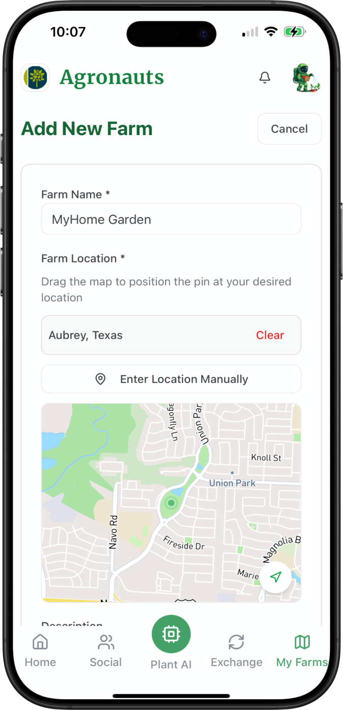 Garden management interface showing multiple growing locations and plant tracking