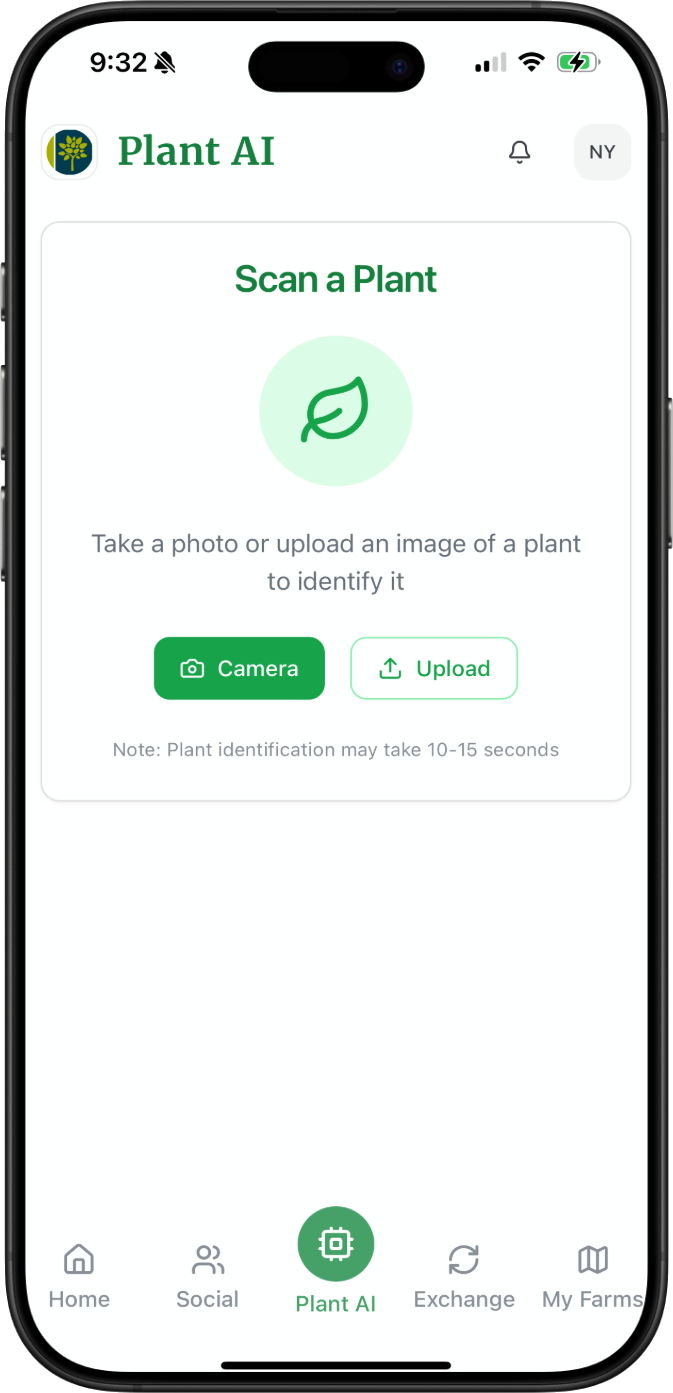 Plant AI interface showing plant identification and diagnostic features